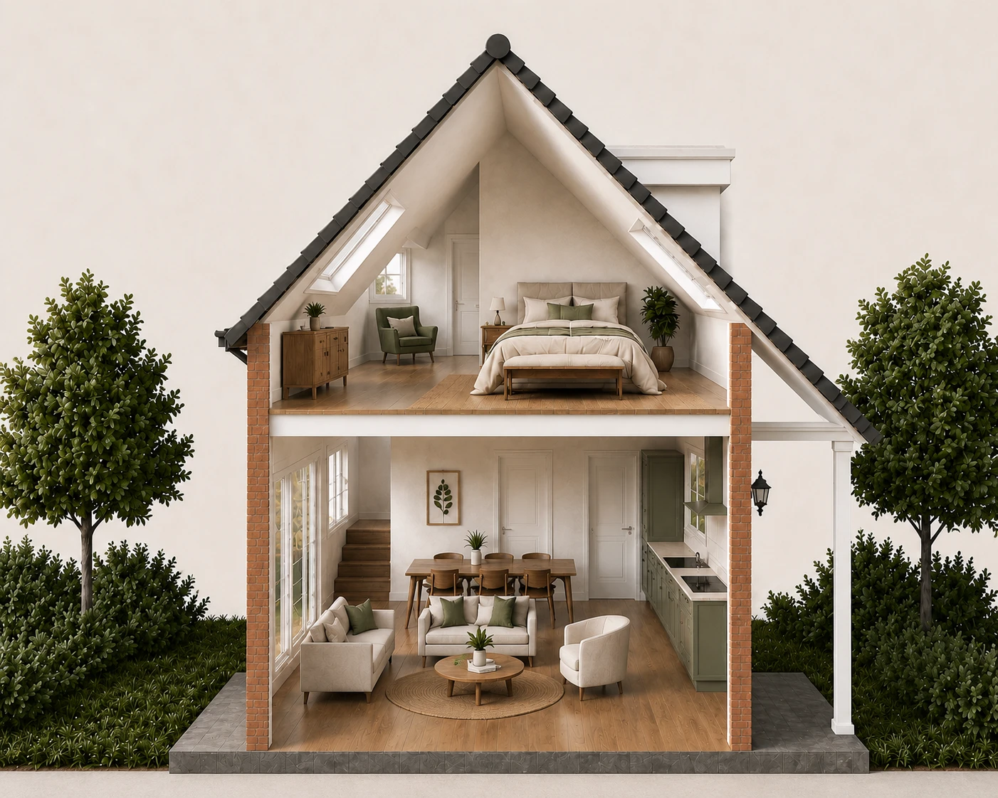 Doorsnede-impressie van een kopwoning: op de begane grond de woonkamer, eethoek en keuken; op de verdieping onder de kap de slaapkamer, met de relatie naar de tuin en het groen