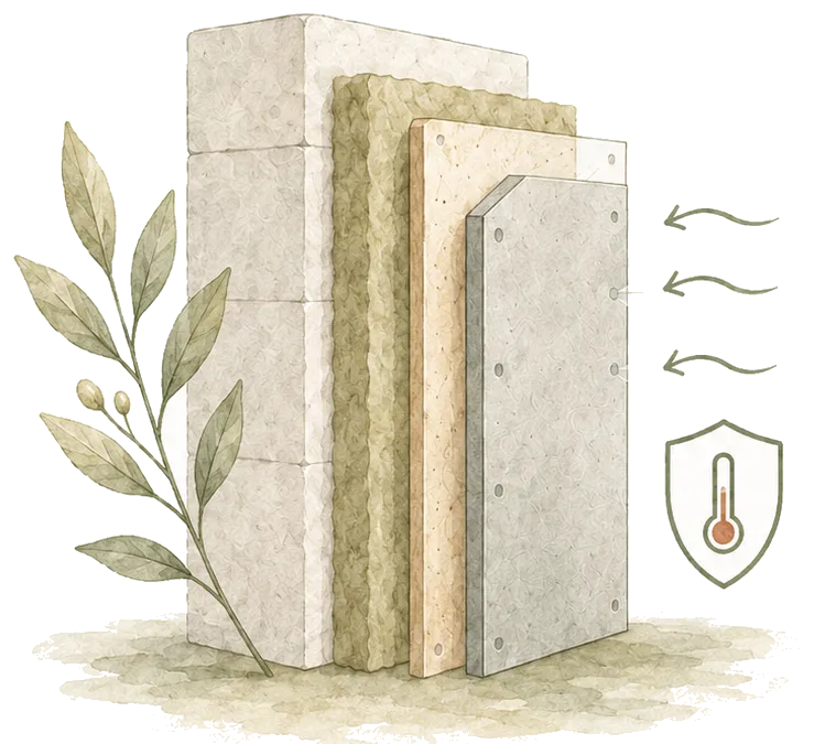 Illustratie van hoogwaardige isolatielagen met een thermometer, omringd door groen