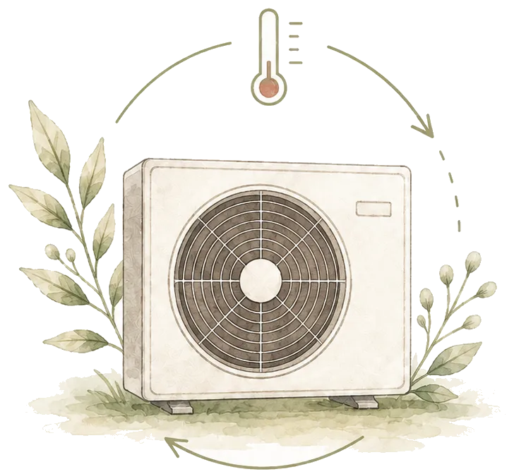 Illustratie van een warmtepomp omringd door groene takken