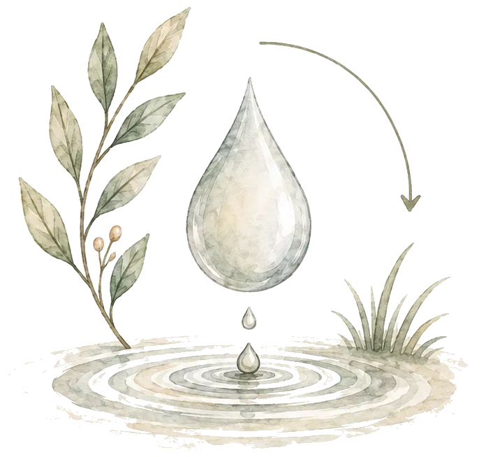 Illustratie van een waterdruppel boven een rimpeling met een groene tak, symbool voor waterbewust ontwerp
