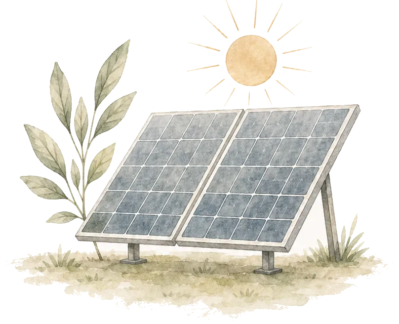 Illustratie van zonnepanelen in de zon met een groene tak