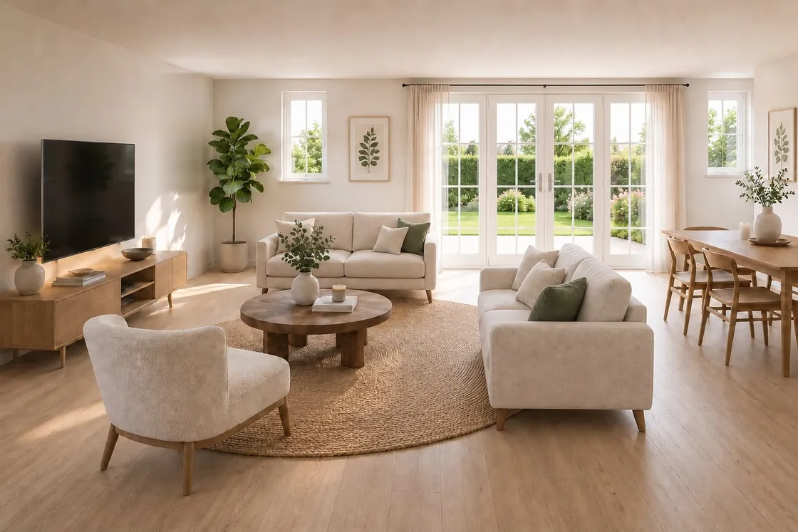 Interieurimpressie: lichte woonkamer met twee losse banken en openslaande tuindeuren naar de tuin