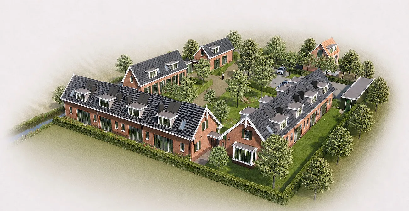 Vogelvlucht-impressie van Hof van Voordaen: de acht hofwoningen in twee vleugels rond de gezamenlijke binnentuin, met hagen, parkeerplaatsen en de sloot langs de rand.