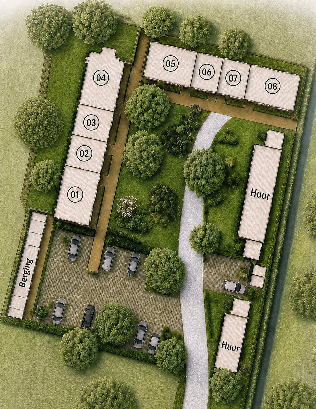 Situatiekaart van Hof van Voordaen met de acht woningen (bouwnummers 01 t/m 08), bergingen en parkeerplaatsen rond de gezamenlijke groene binnentuin.