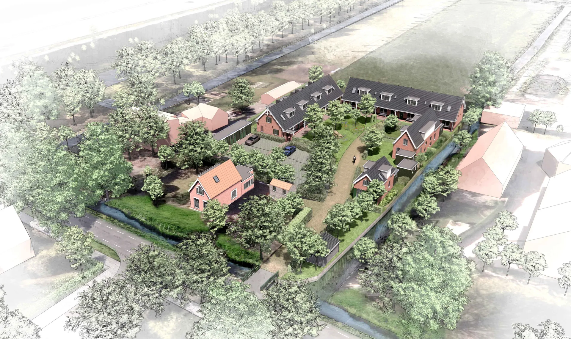 Vogelvlucht-impressie van het volledige plan: twee woonvleugels rond de binnentuin, met de sloot en het entreepad