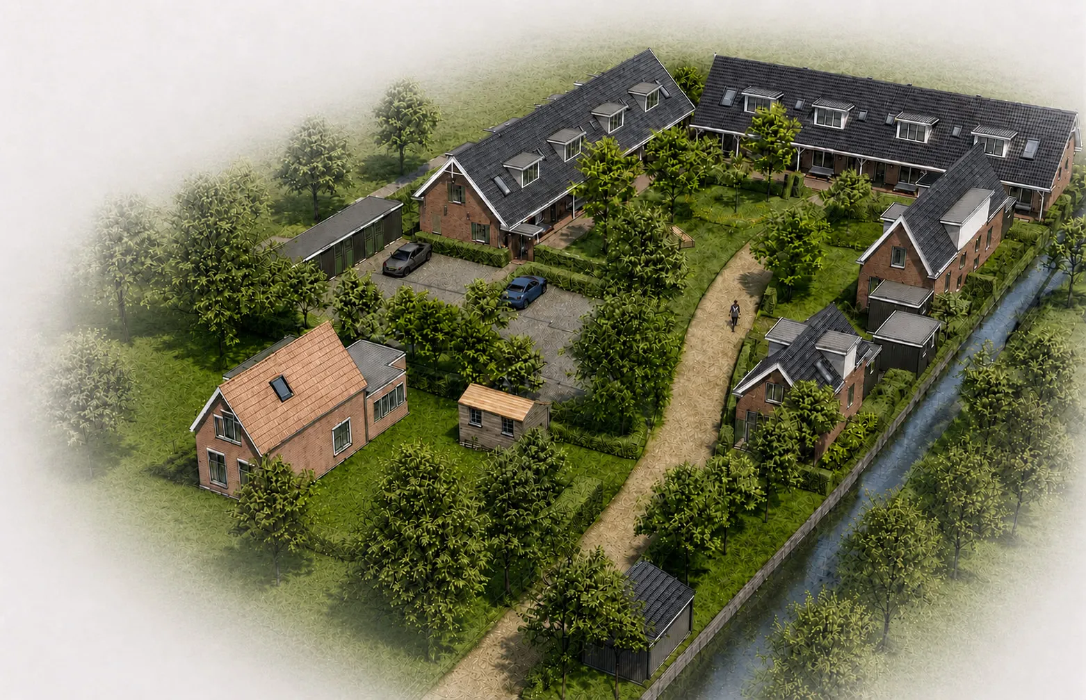 Luchtfoto-impressie van Hof van Voordaen: acht woningen rond een groen hof in Groenekan