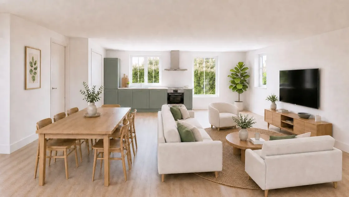 Interieurimpressie: ruime open leefruimte met eethoek en groene keuken