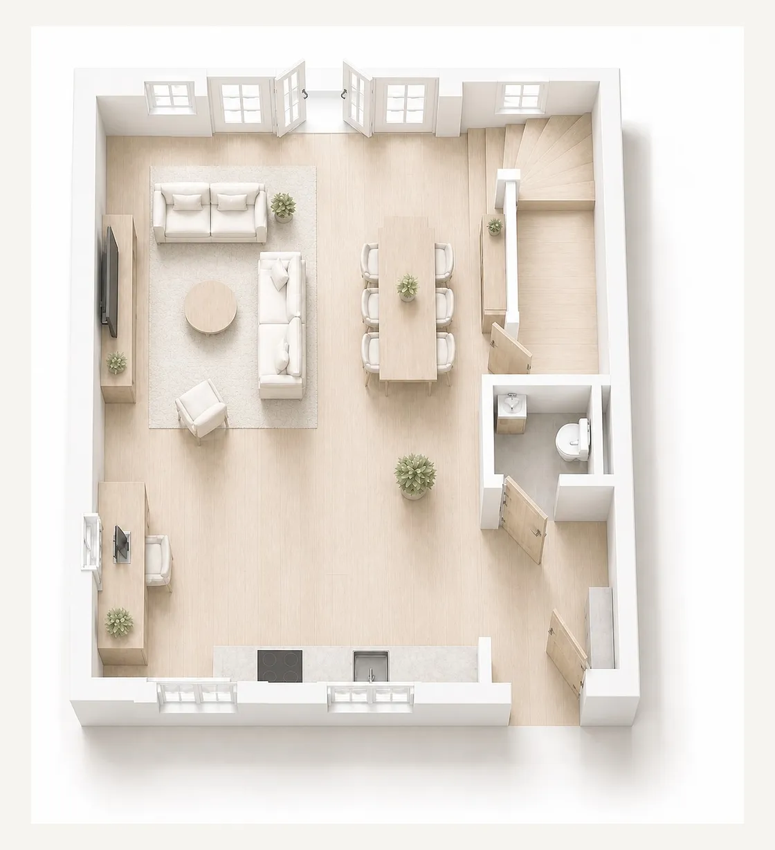 Plattegrond begane grond, met living, keuken en veranda aan de tuin