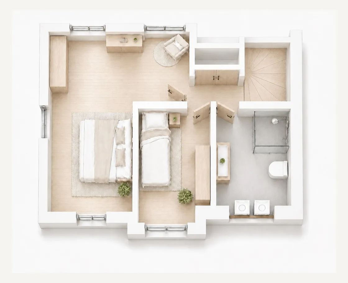 Plattegrond verdieping, met twee slaapkamers en badkamer