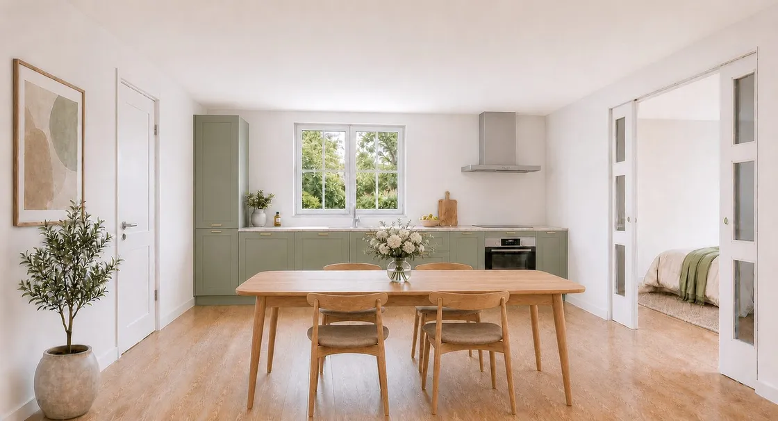 Interieurimpressie hoekwoning bouwnummer 5: keuken met eettafel en doorkijk naar de slaapkamer op de begane grond
