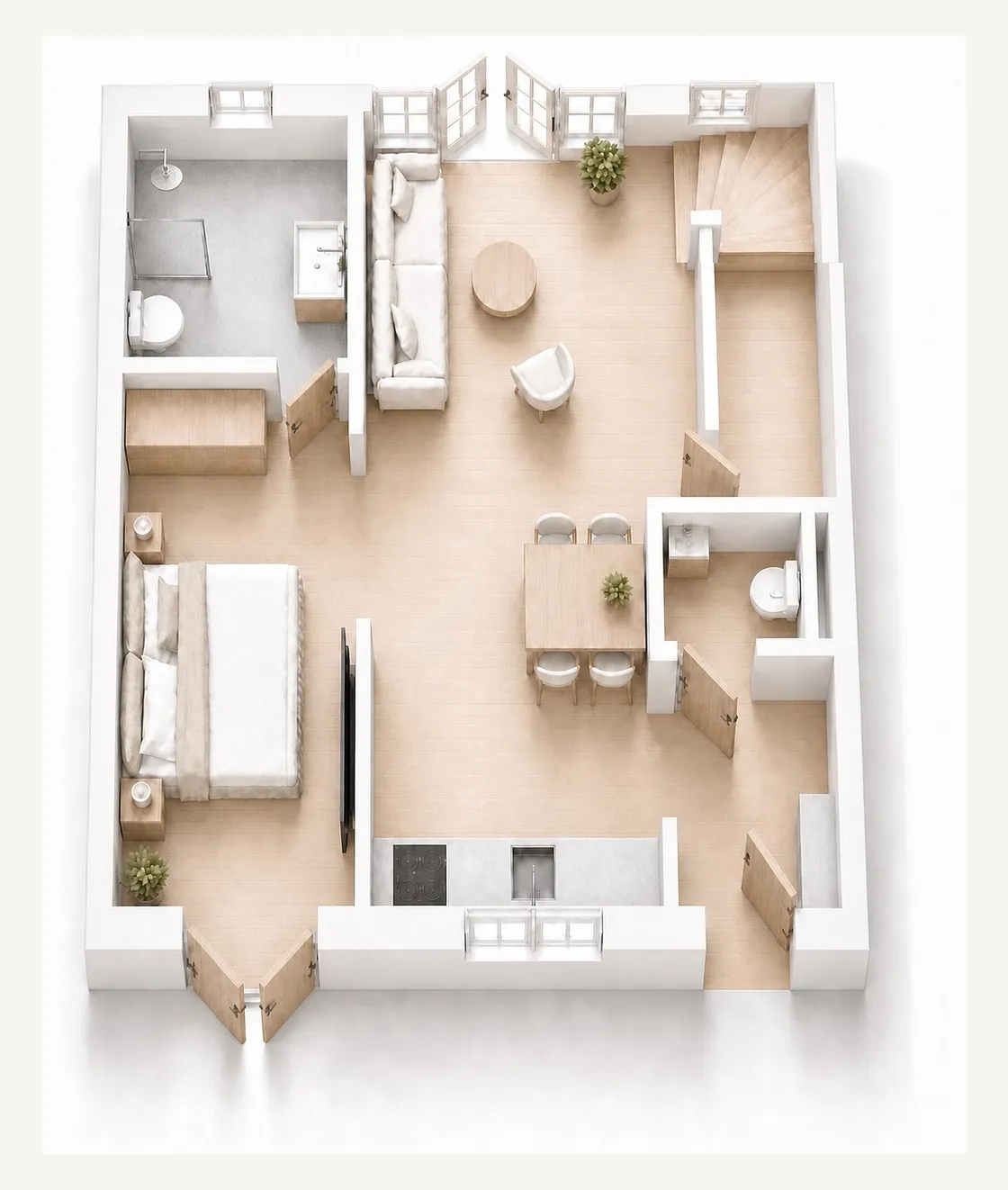 Plattegrond begane grond van hoekwoning bouwnummer 5, met de slaapkamer op de begane grond