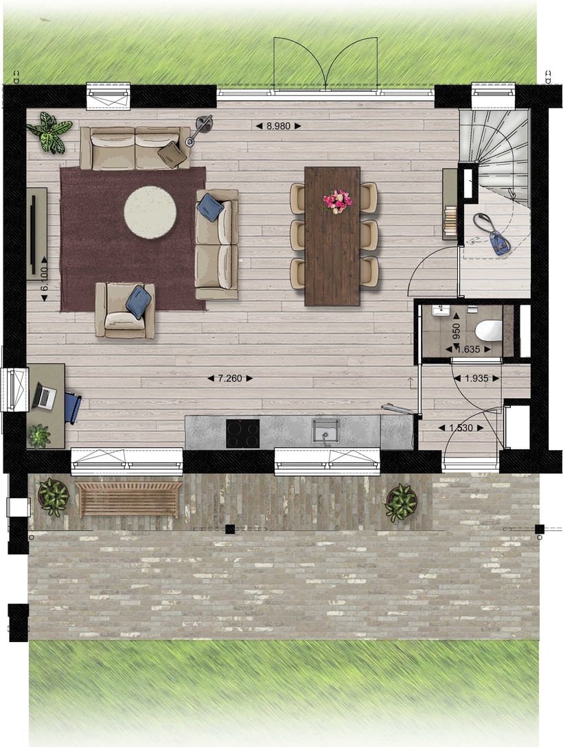 Plattegrond kopwoningen — Begane grond — standaard, met maatvoering