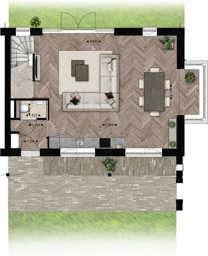 Plattegrond kopwoningen — Begane grond — met erker, met maatvoering
