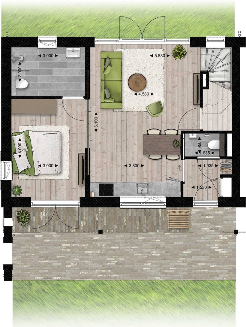Plattegrond kopwoningen — Begane grond — slaapkamer beneden, met maatvoering