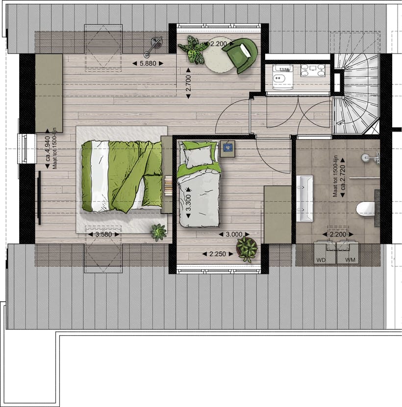 Plattegrond kopwoningen — Verdieping, met maatvoering