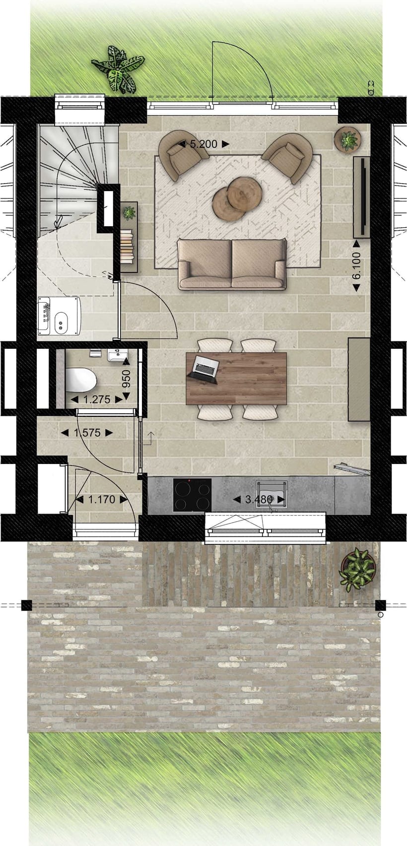 Plattegrond tussenwoningen — Begane grond, met maatvoering