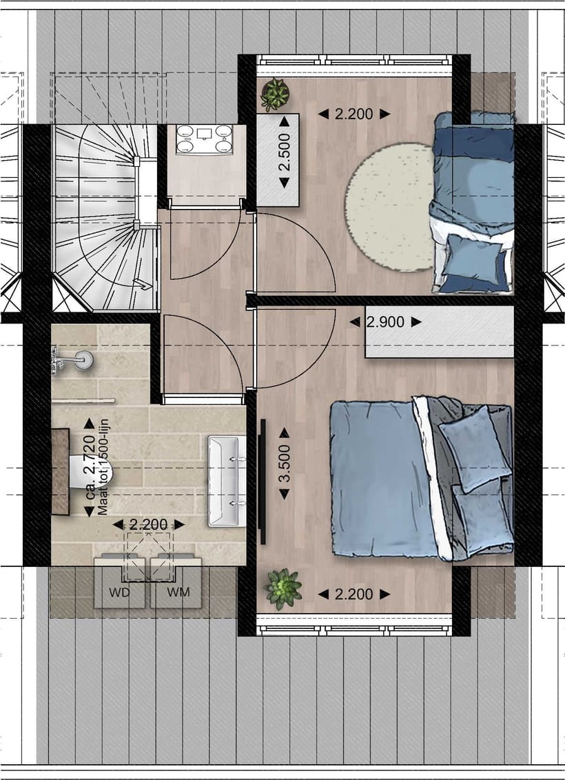 Plattegrond tussenwoningen — Verdieping, met maatvoering